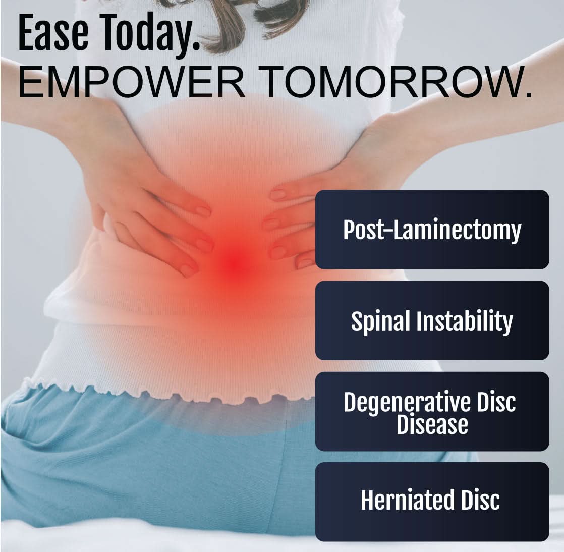 Blue and white TLSO back brace worn on lower torso for post-laminectomy and spinal support, made in the USA by RCAI,.