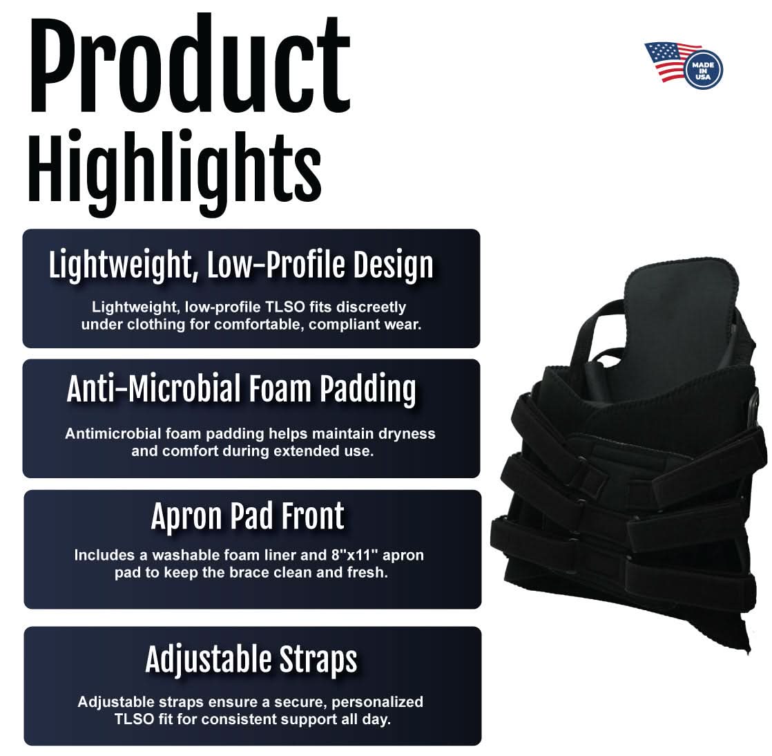 TLSO brace product highlights poster with lightweight, low-profile design, anti-microbial foam padding, apron pad front, and .