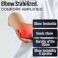 Elbow wrapped in black RCAI elbow stabilizer brace with red highlight indicating pain area, promoting comfort and support,.