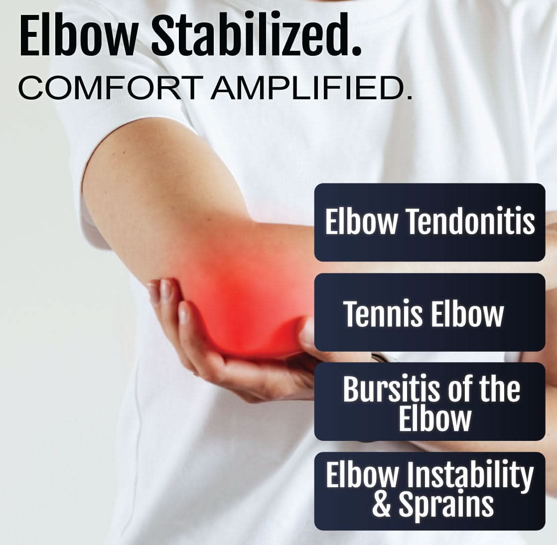 Elbow wrapped in black RCAI elbow stabilizer brace with red highlight indicating pain area, promoting comfort and support,.