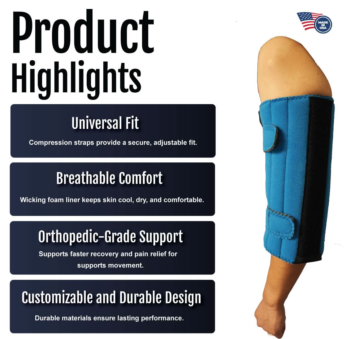 Blue RCAI elbow stabilizer with adjustable compression straps, breathable wick lining, and orthopedic-grade support, made in .