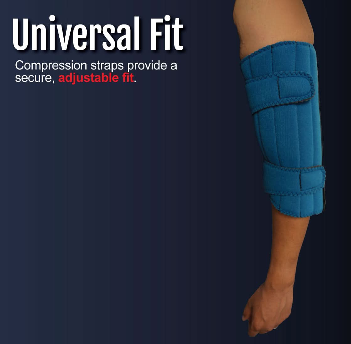 Blue RCAI elbow stabilizer with adjustable compression straps on a bent arm, made in the USA, best orthopedic braces, B2B.
