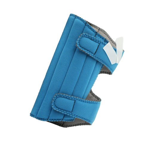 Blue RCAI elbow stabilizer with adjustable Velcro straps and white plastic support bar, made in the USA, best orthopedic.