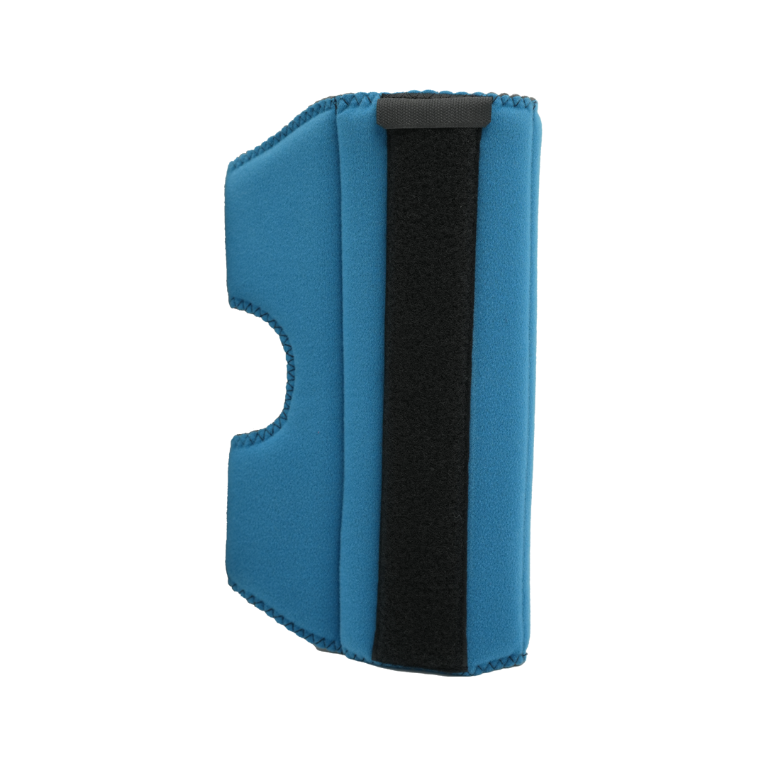 Blue RCAI elbow stabilizer with black adjustable strap, neoprene material, made in the USA, best orthopedic braces for B2B.