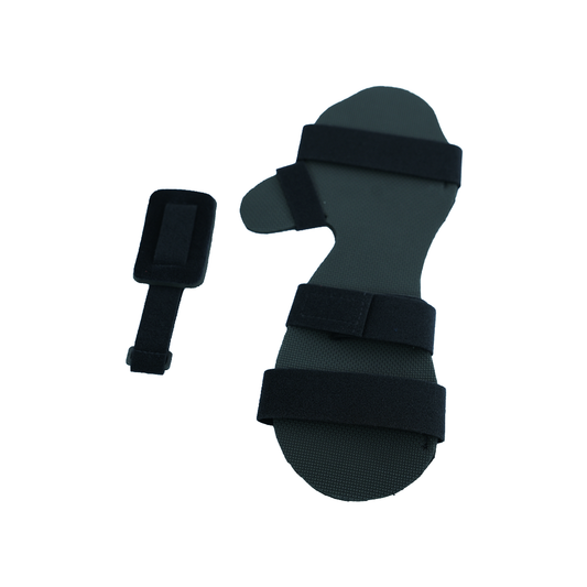 Black foam hand support with three adjustable Velcro straps and a separate small Velcro strap accessory, designed for burn.