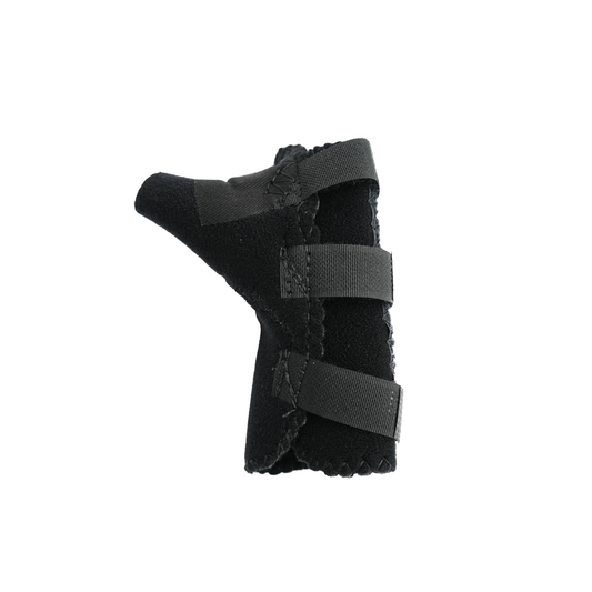 Black pediatric wrist thumb support brace with three adjustable Velcro straps, contoured shape for right hand, made in the.