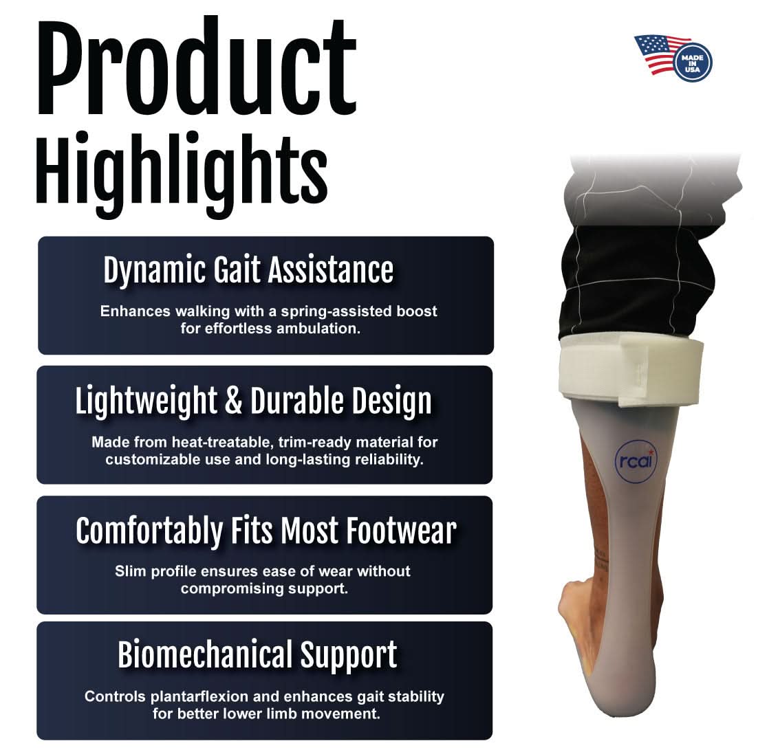 RCAI Leaf Spring Orthosis in beige and black, lightweight AFO brace made in the USA for foot drop, featuring a black calf.