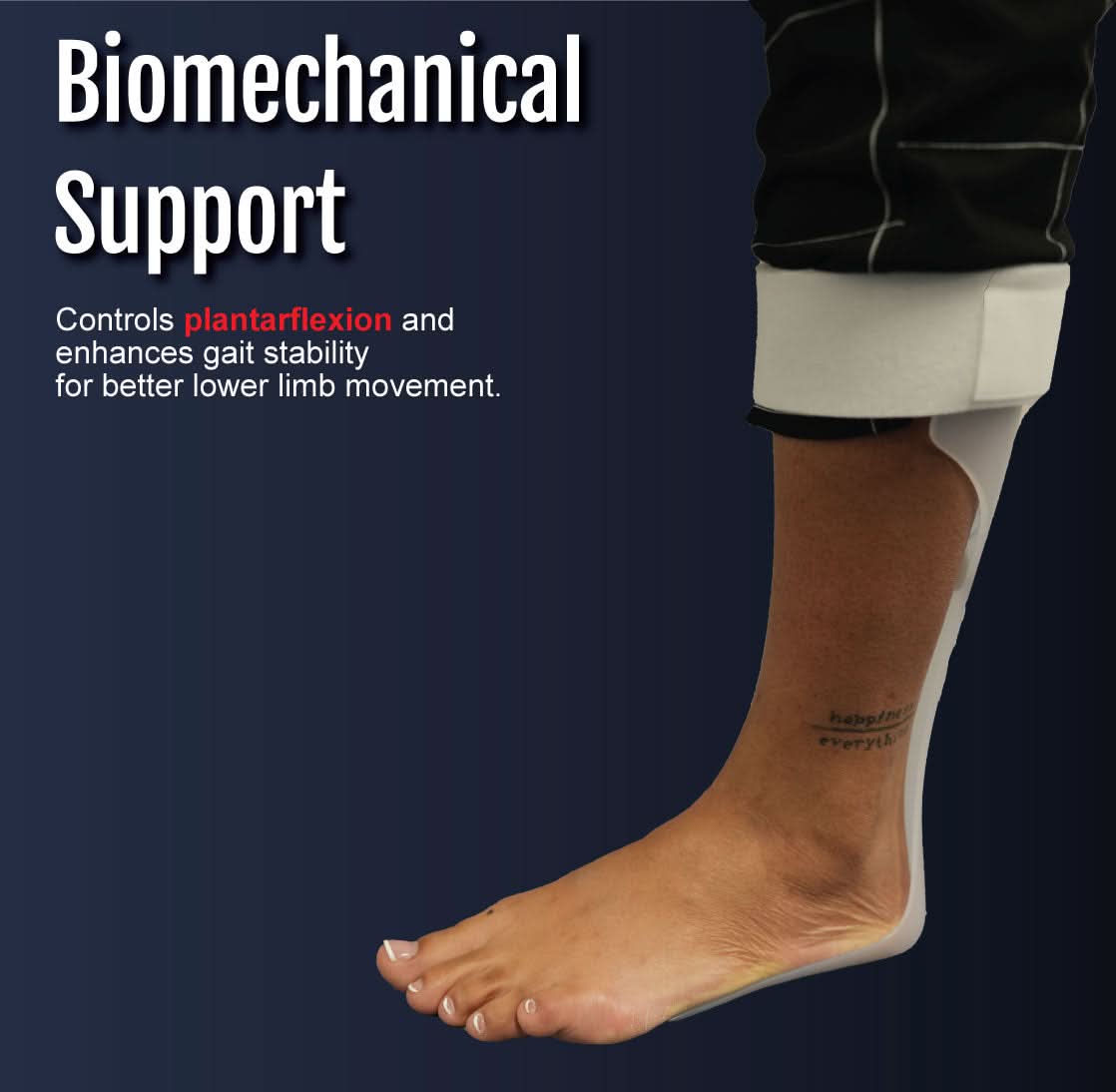 RCAI lightweight leaf spring AFO in natural skin tone on lower leg showing biomechanical support for foot drop, made in the.