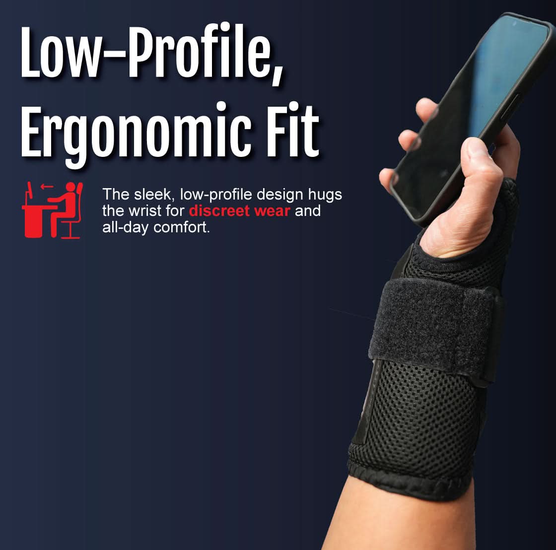 Black ambidextrous wrist brace with low-profile, ergonomic design, breathable mesh, adjustable straps, made in the USA, best .