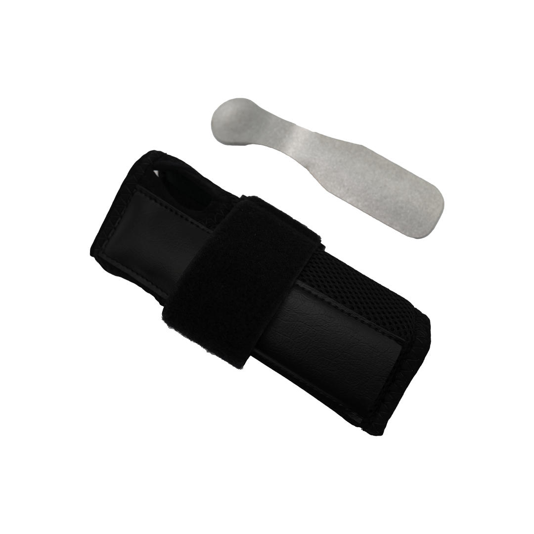 Black ambidextrous wrist brace with adjustable Velcro strap beside a gray removable support splint, made in the USA, best.