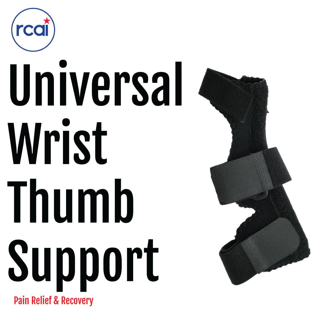 Black Universal Wrist Thumb Support brace with adjustable straps and sturdy reinforcement, made in the USA by RCAI, ideal.