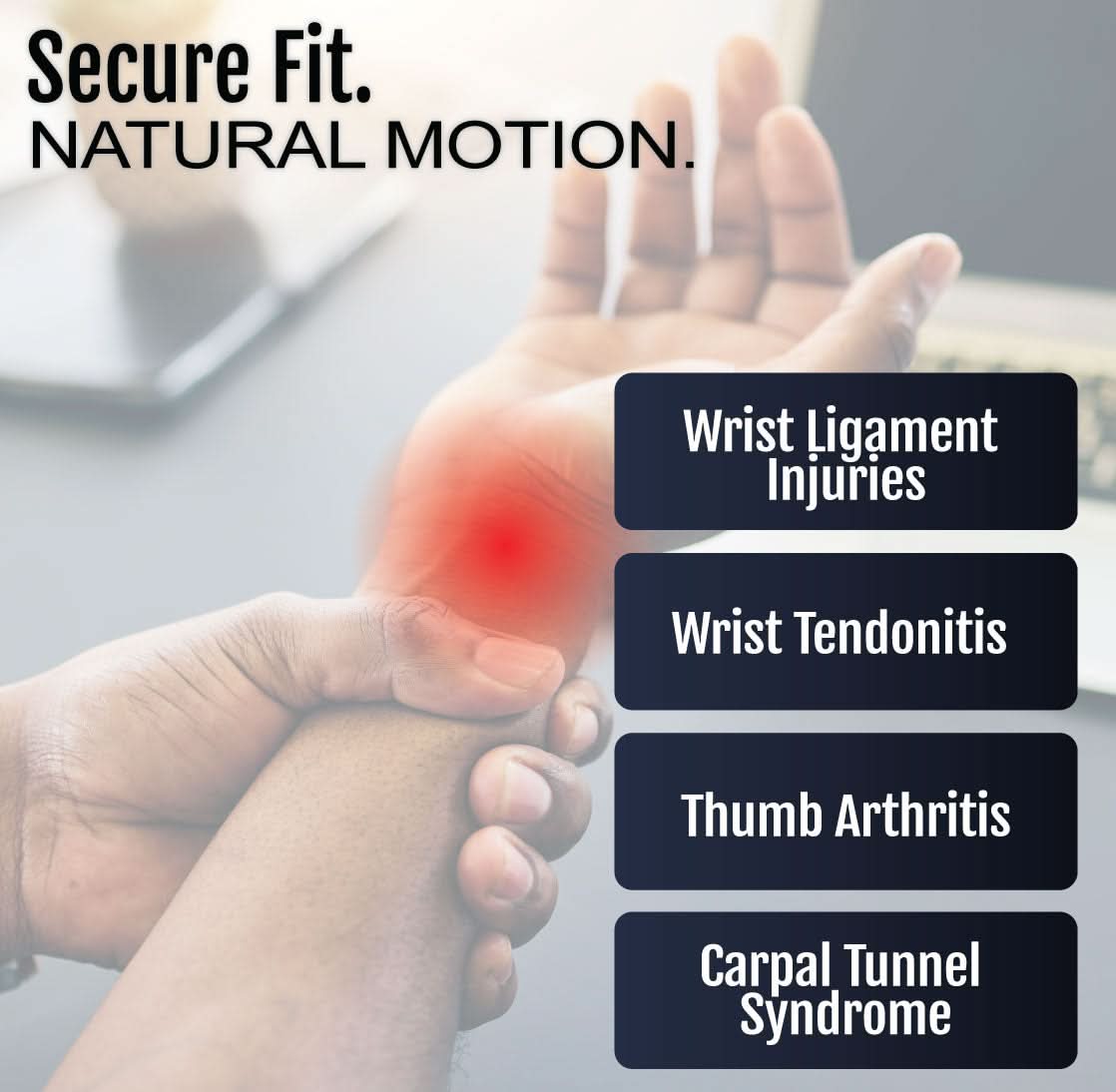 Hand wearing beige Universal Wrist Thumb Support showing red highlight on wrist pain areas, emphasizing natural motion, made .