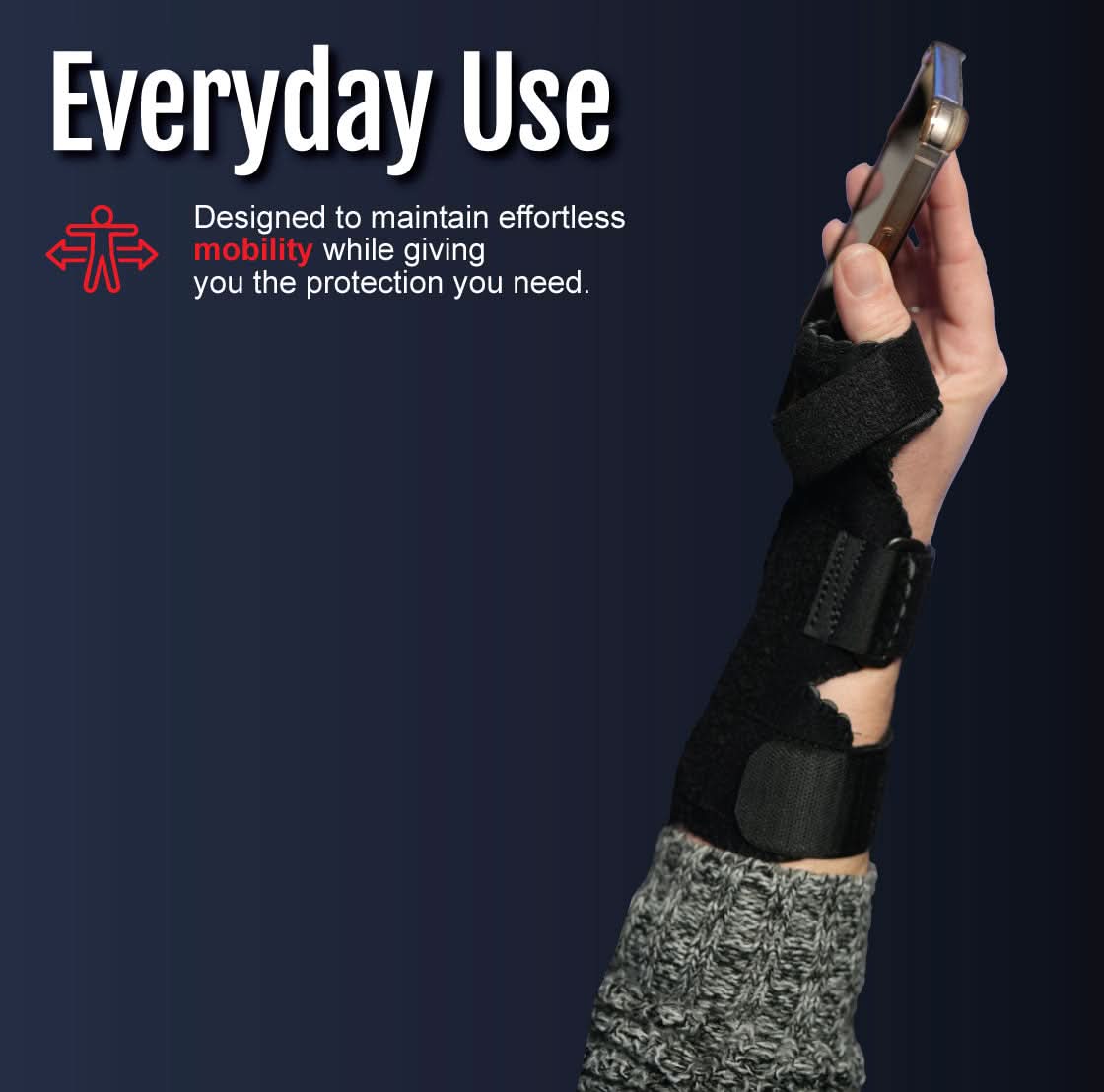 Black Universal Wrist Thumb Support brace on right hand with adjustable straps, promoting mobility and pain relief, made in.
