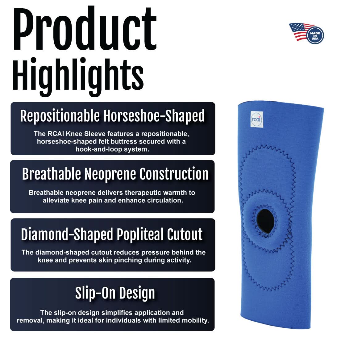 RCAI knee sleeve features breathable black neoprene with horseshoe-shaped repositionable pad, diamond-shaped popliteal.