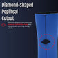 Blue RCAI knee sleeve with diamond-shaped popliteal cutout framed by visible black stitching, made in the USA, best.