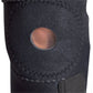 Black wrap-around knee brace with open patella buttress, reinforced stitching, Velcro strap, made in the USA, best.