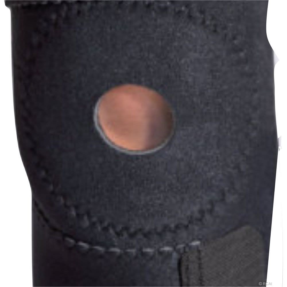 Black wrap-around knee brace with open patella buttress, reinforced stitching, Velcro strap, made in the USA, best.