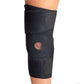 Black wrap-around knee brace with open patella buttress, made of neoprene material, secured by two wide Velcro straps,.