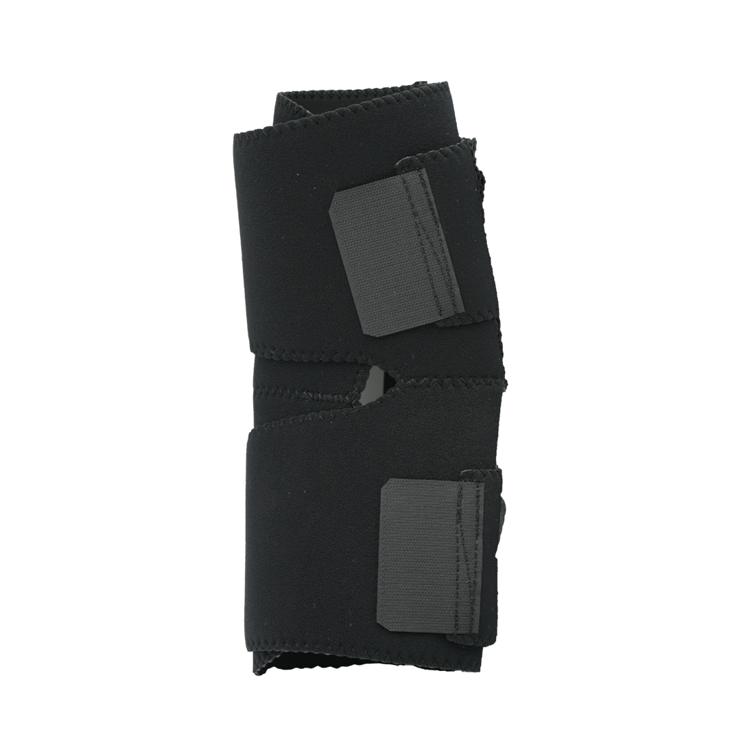 Black wrap around knee brace with dual wide hook-and-loop straps, neoprene fabric, no hinges, contoured fit, made in the.