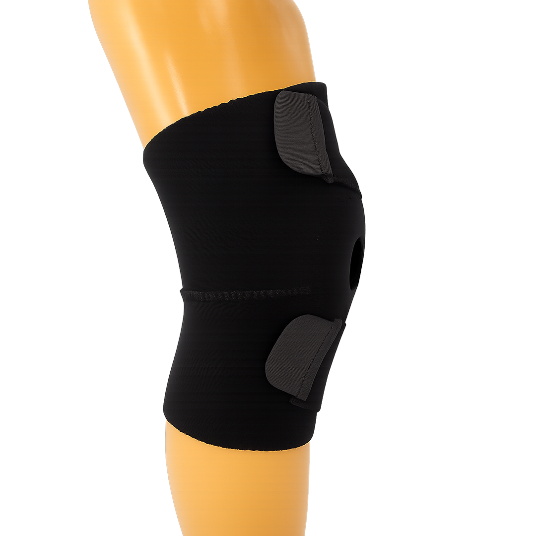 Black wrap-around knee brace with buttress support, no hinges, fitted on a mannequin leg, made in the USA, RCAI, best.