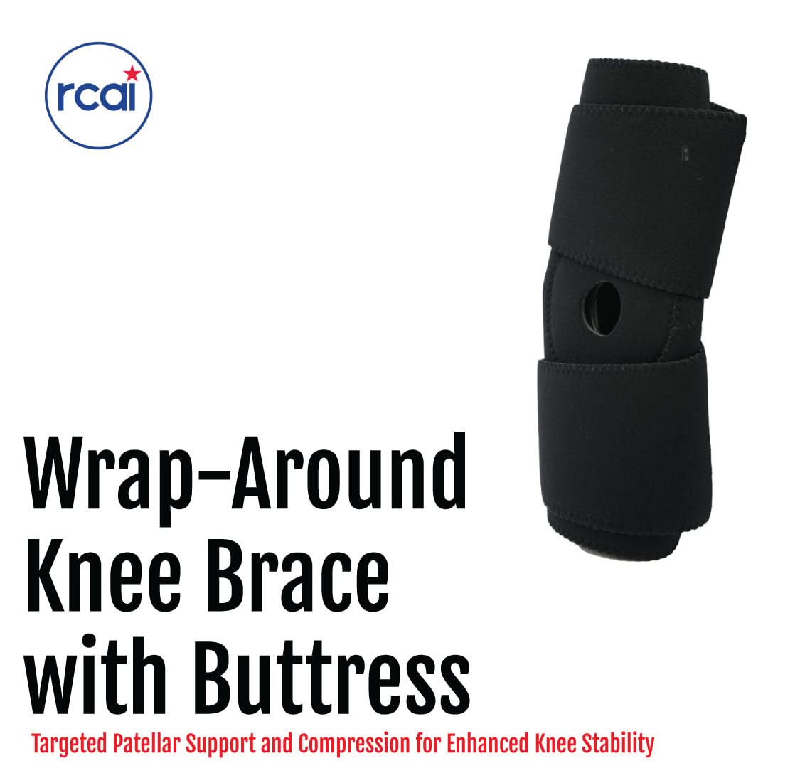 Black wrap-around knee brace with buttress, adjustable straps, made in the USA, RCAI, best orthopedic braces for B2B.
