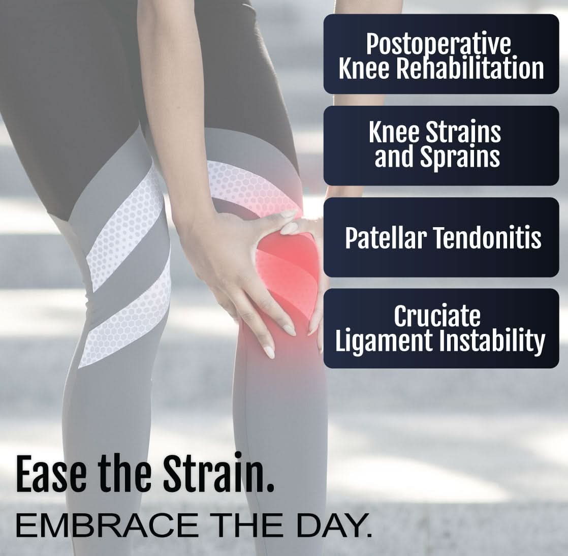 Black wrap-around knee brace with buttress, worn over grey leggings with white stripes, highlighting knee support; best.