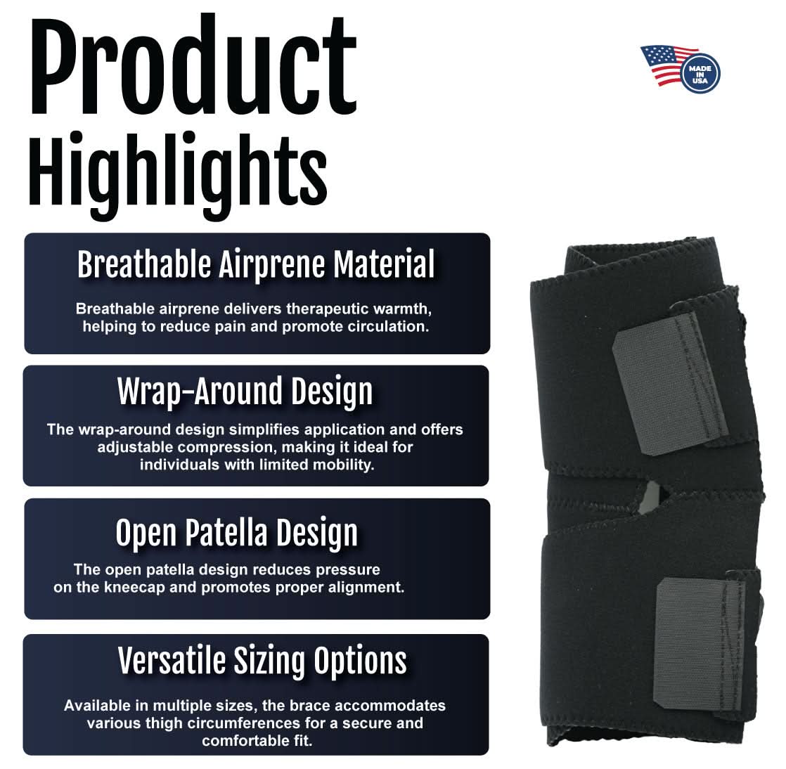 Black breathable airprene wrap-around knee brace with open patella design and adjustable straps, made in the USA, RCAI, best .