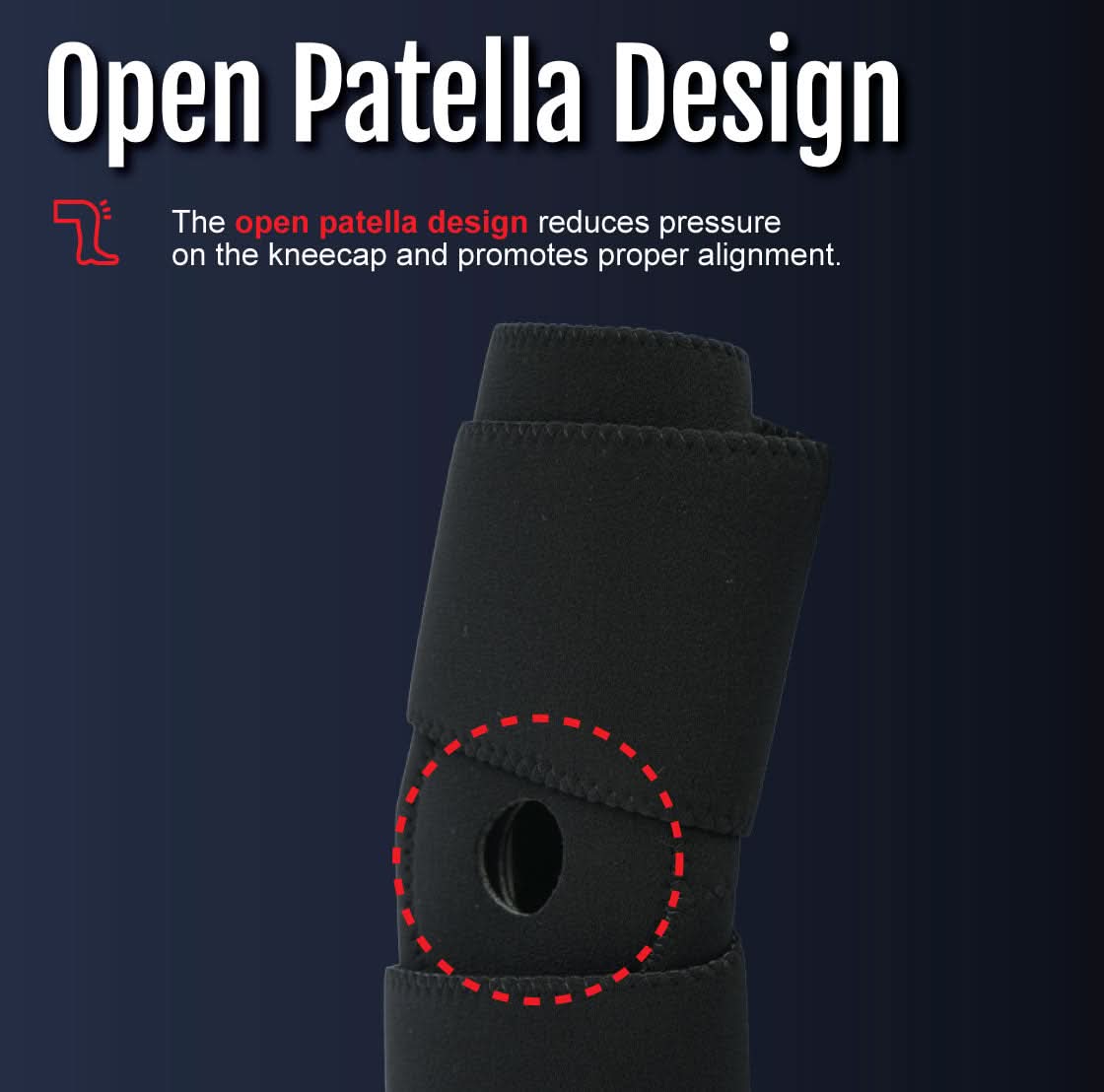 Black wrap around knee brace with open patella design and no hinges, made in the USA, RCAI, best orthopedic braces for B2B.