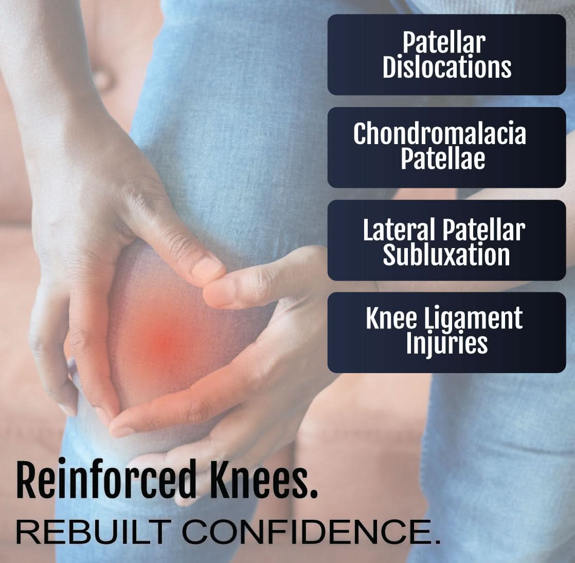 Hinged Lateral "J" Brace worn on knee, highlighting reinforced support for patellar dislocations, made in the USA, best.