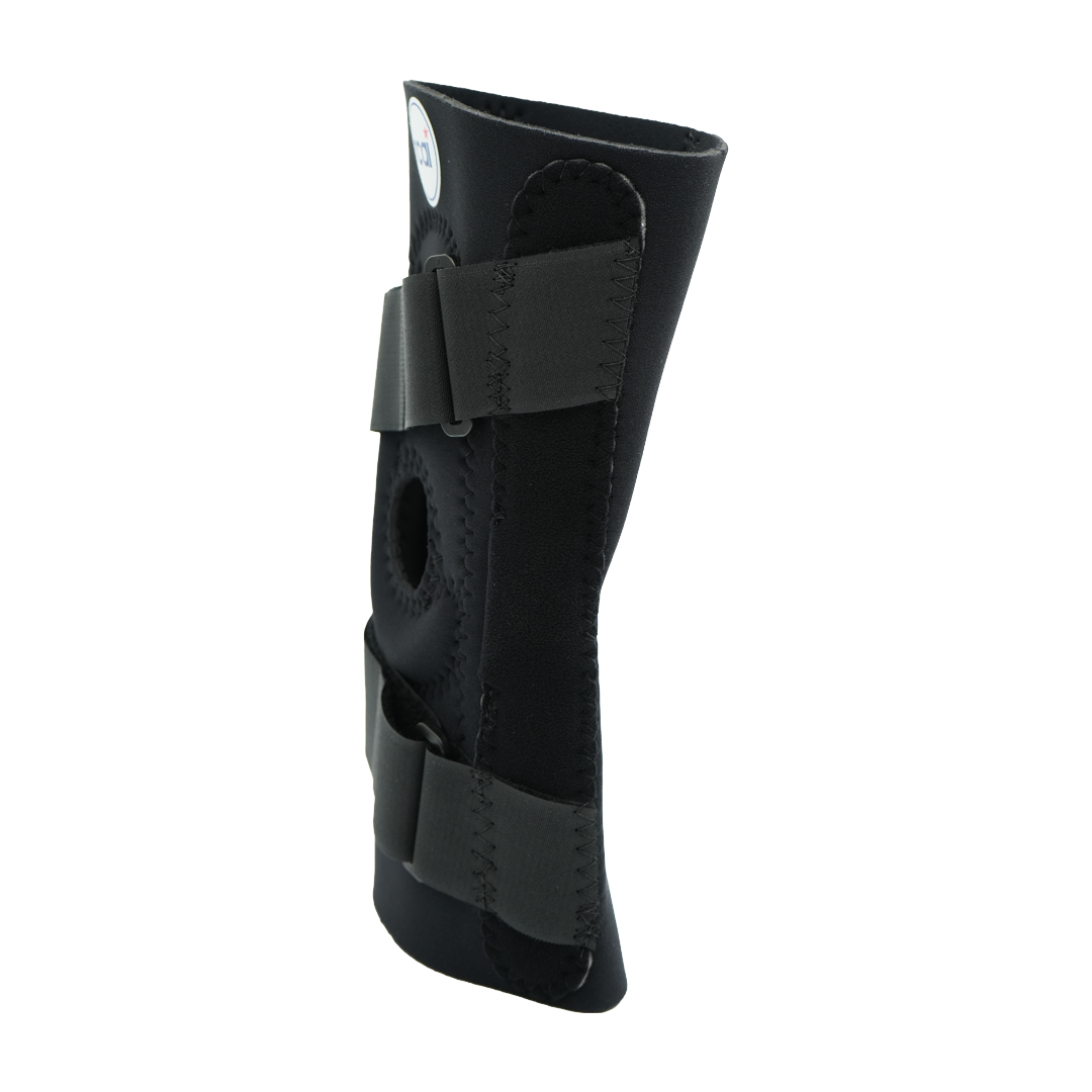 Black hinged lateral "J" brace with adjustable Velcro straps and open patella design, made in the USA, best orthopedic brace .