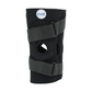 Black hinged lateral "J" brace with cutout center, two adjustable Velcro straps, stitched edges, labeled with rcaI logo,.