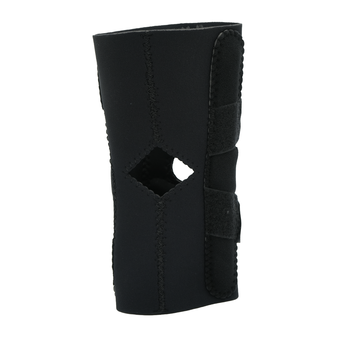 Black hinged lateral "J" brace with adjustable Velcro straps, cutout design, made in the USA, best orthopedic braces, RCAI.