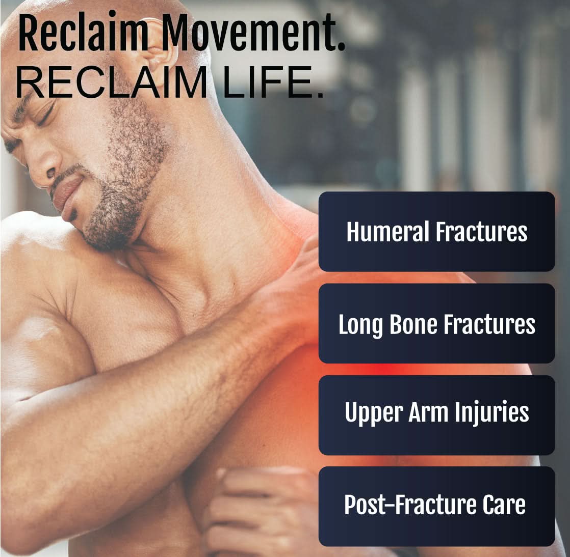 Man wearing a black Over-the-Shoulder Humeral Fracture Brace supporting upper arm; design highlights adjustable straps for.