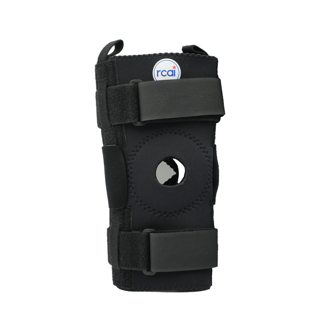 Black hinged knee brace with open patella, dual adjustable straps, made in the USA, RCAI, best orthopedic braces, B2B.