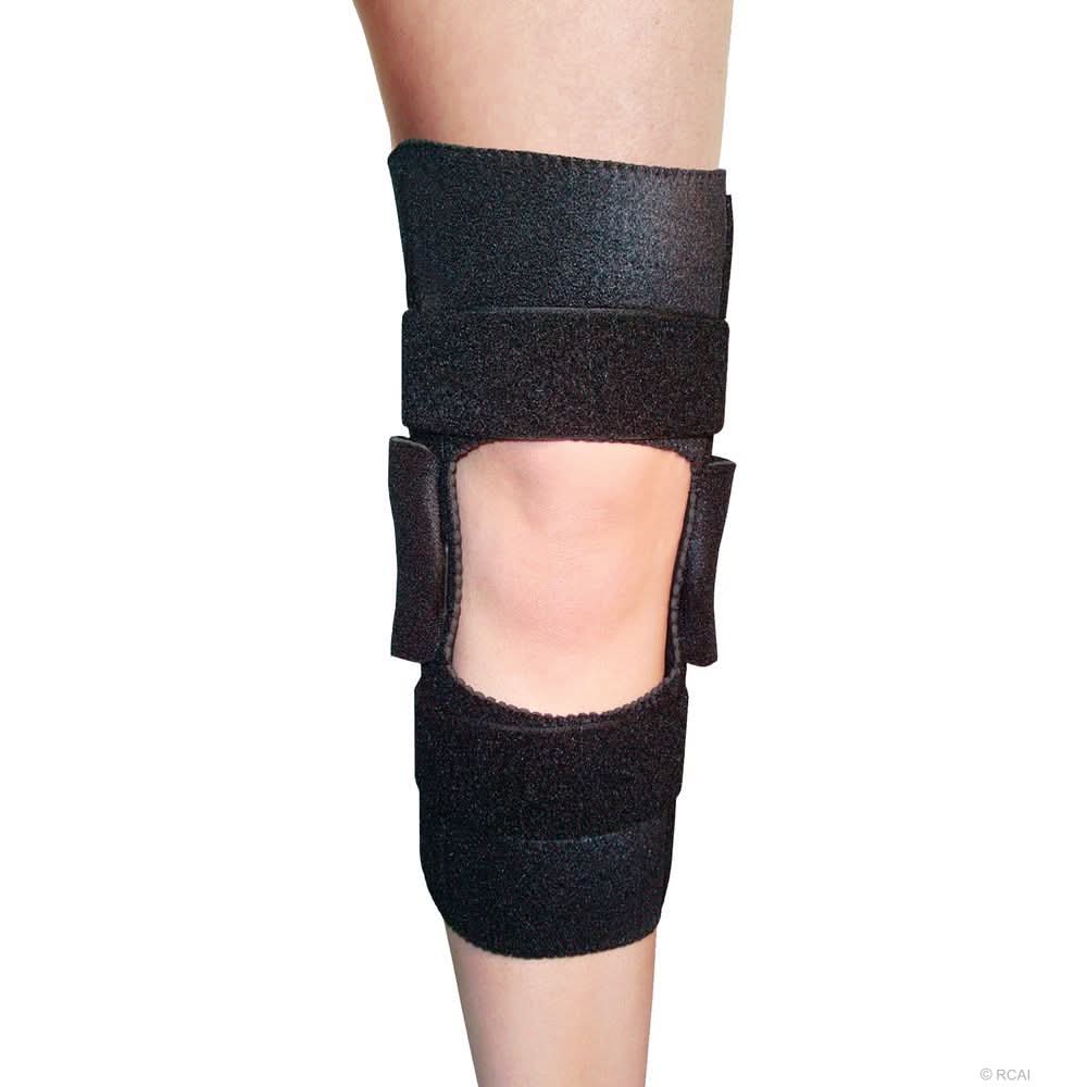 Black wrap knee brace with open patella design, adjustable straps above and below knee, made in the USA, best orthopedic.
