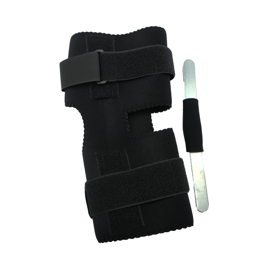 Black wrap knee brace with adjustable Velcro straps and removable metal stay, made in the USA, RCAI, best orthopedic braces.