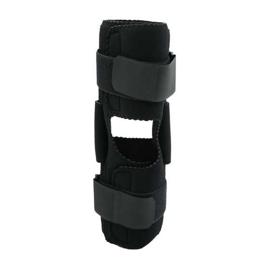 Black wrap knee brace with two wide adjustable straps and open patella design, made in the USA, best orthopedic braces for.