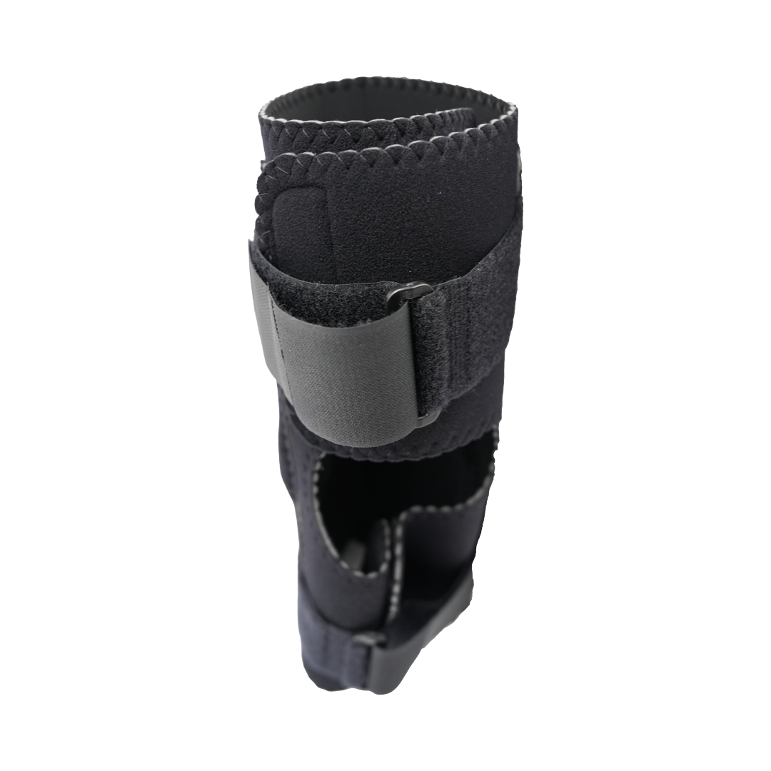 Black neoprene wrap-around knee brace with covered hinge, adjustable Velcro straps, made in the USA, best orthopedic braces.