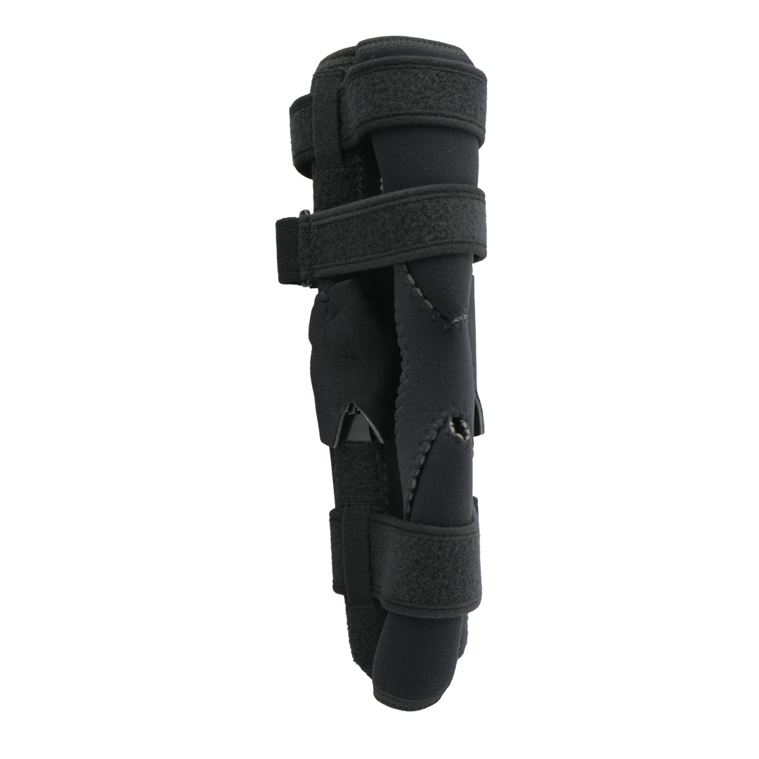Black neoprene wrap-around knee brace with covered hinges and adjustable hook-and-loop straps, designed for free range of.