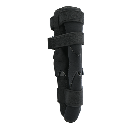 Black neoprene wrap-around knee brace with covered hinges and adjustable hook-and-loop straps, designed for free range of.