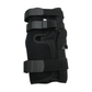 Black neoprene wrap-around knee brace with covered hinge and three adjustable Velcro straps, designed for free range of.