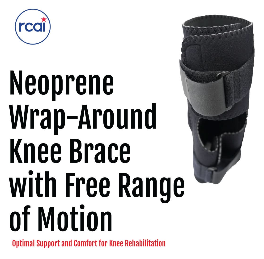 Black neoprene wrap-around knee brace with covered hinge and adjustable Velcro straps, made in the USA, RCAI, best.