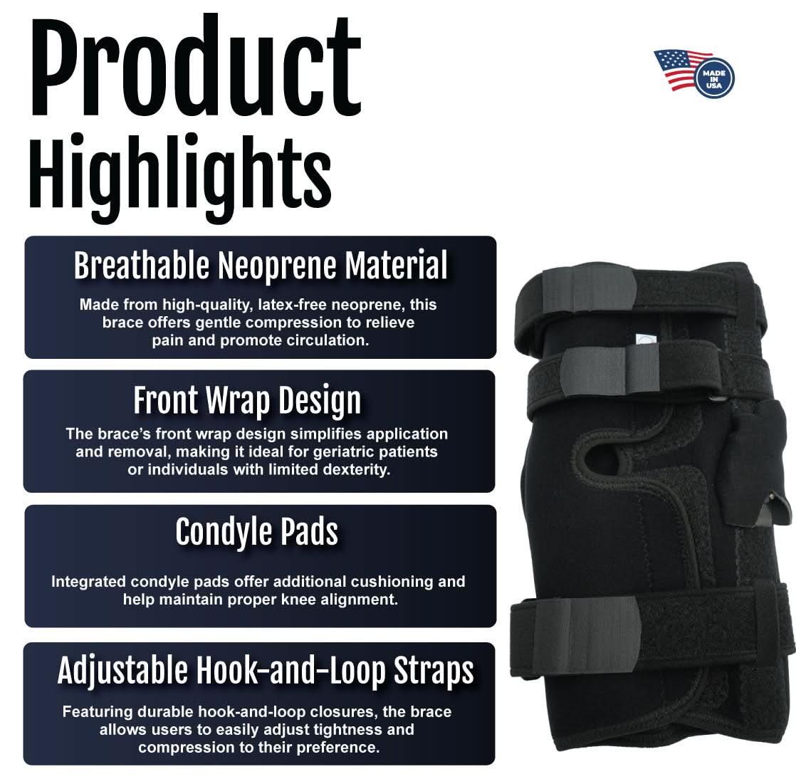 Black neoprene wrap-around knee brace with covered hinge, breathable material, adjustable hook-and-loop straps, and.