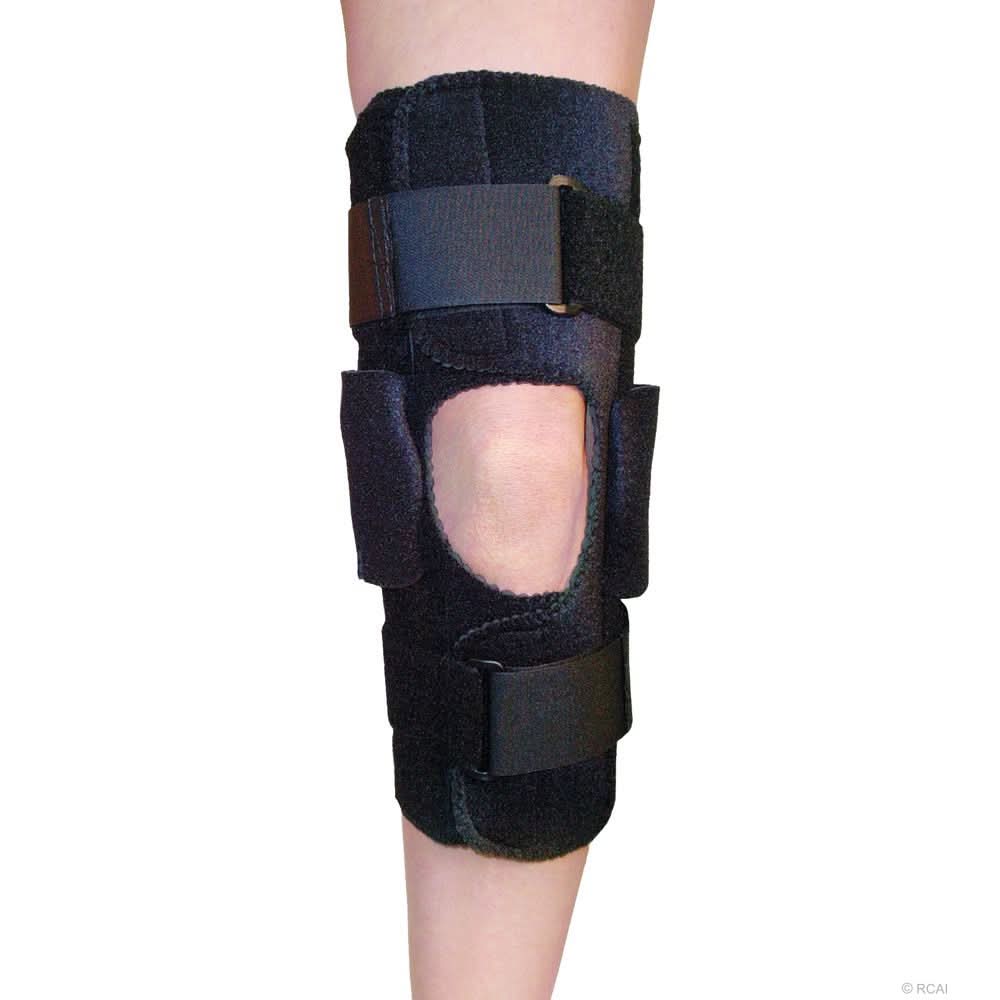 Black adjustable active knee brace with open patella design and velcro straps, made in the USA, RCAI, best orttopedic braces .