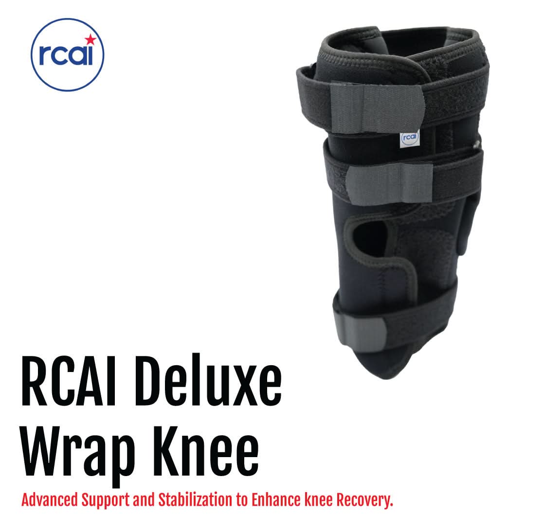 Black RCAI Deluxe Wrap Knee brace with adjustable Velcro straps and reinforced side supports, made in the USA, top choice.