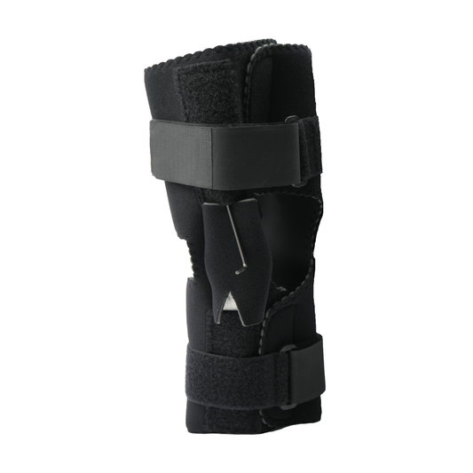 Black RCAI Deluxe Wrap Knee brace with adjustable straps and rigid side supports, made in the USA, top-quality B2B.