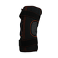 Black knee brace with orange stitching, breathable fabric, open patella design, and adjustable Velcro straps at top and.