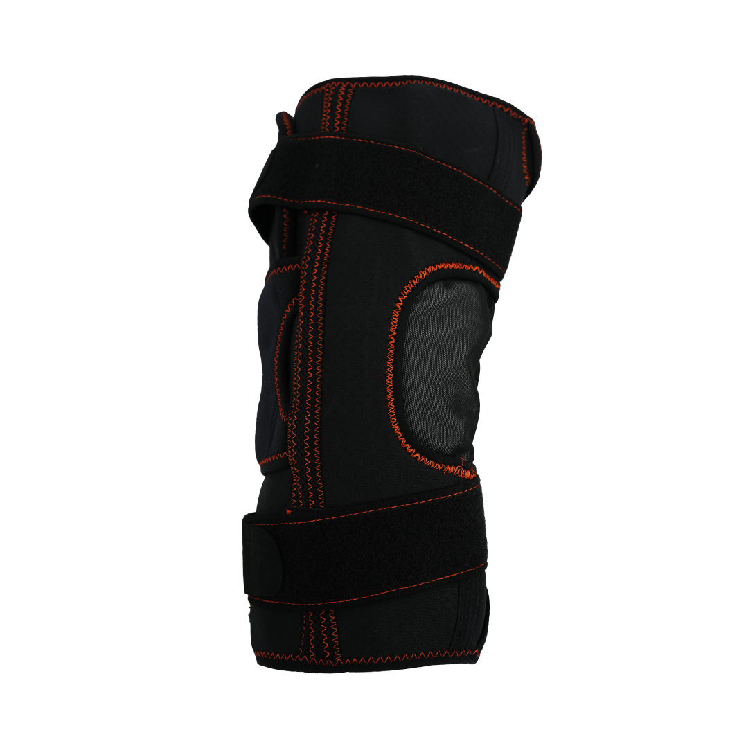 Black knee brace with orange stitching, breathable fabric, open patella design, and adjustable Velcro straps at top and.