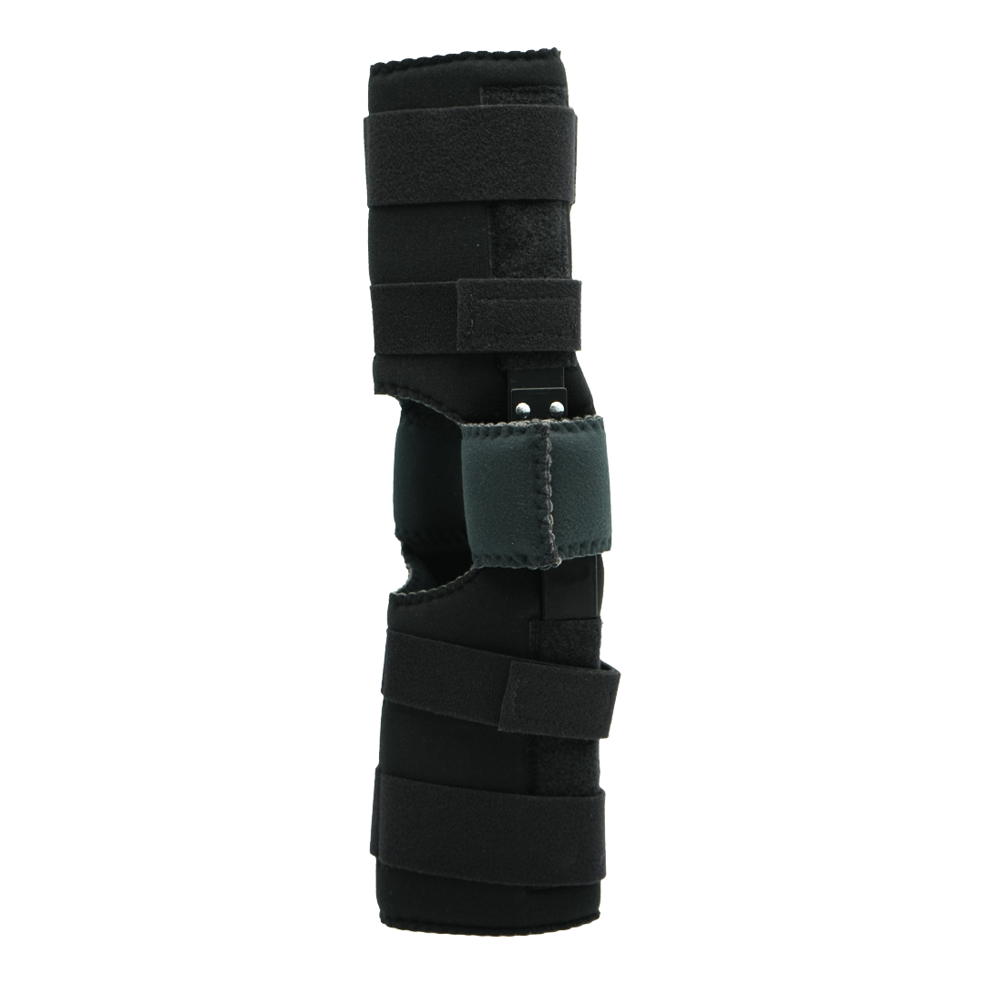 Black Flex POP Knee brace by RCAI with adjustable straps and padded support, made in the USA, best orthopedic braces for B2B .