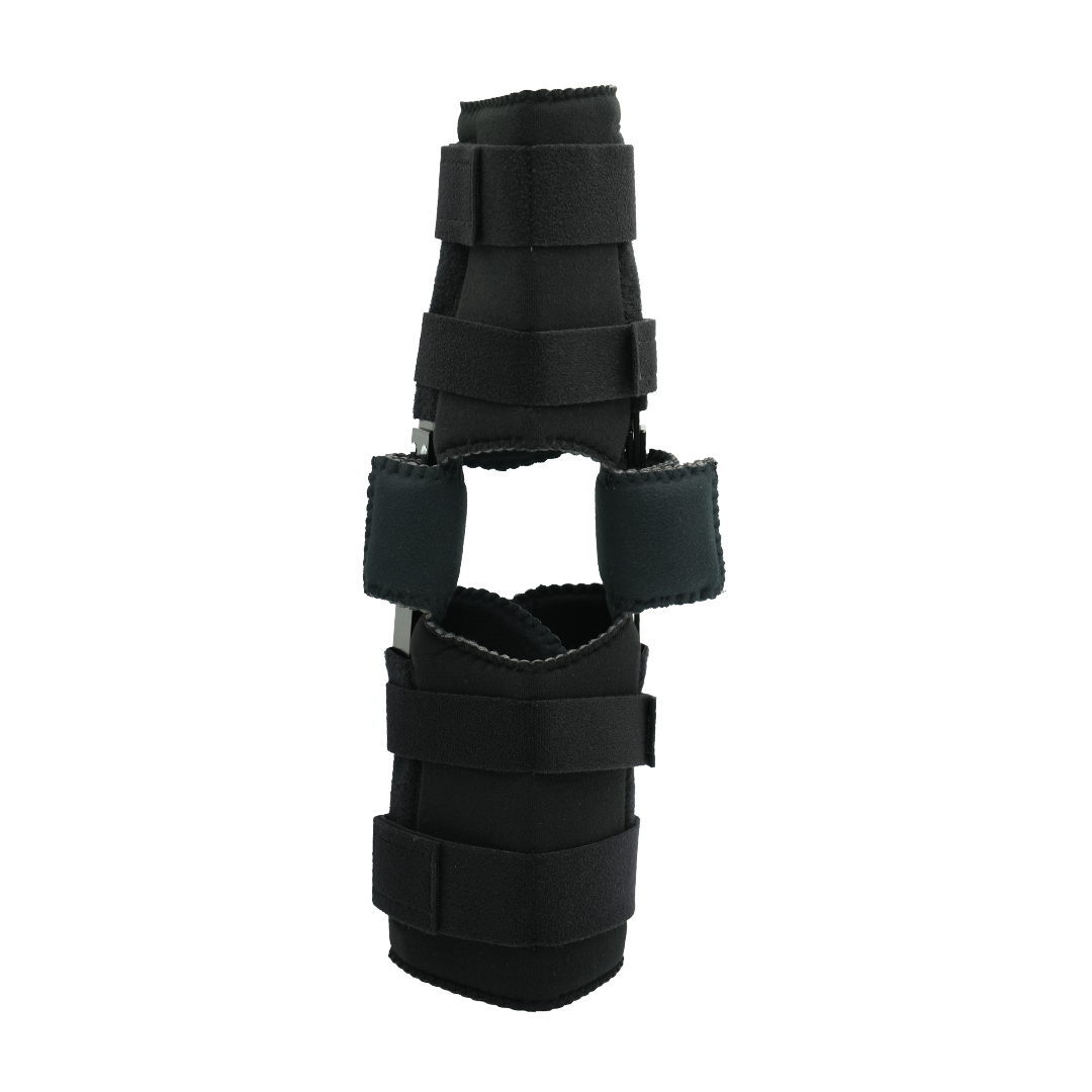 Black flexible knee brace with adjustable straps and padded support blocks, designed for optimal joint comfort, made in the.